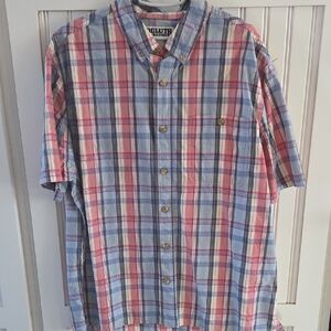 Duluth Trading Mens Shirt Blue and Pink Short Sleeve Untucked Cotton L